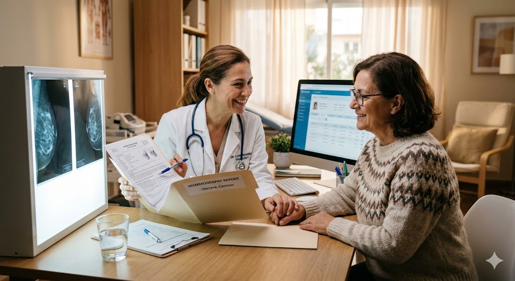 Una médica conversa con una paciente mientras revisan juntas el informe de su mamografía