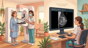 A una mujer le acaban de realizar una mamografía en un entorno cálido y acogedor. A pocos metros una médica radióloga ya está viendo una imagen en la pantalla
