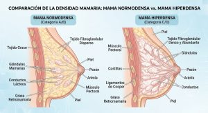 Comparación visual que muestra dos mamografías, una al lado de la otra, sobre un fondo oscuro. El panel izquierdo muestra una "MAMOGRAFÍA HIPERDENSA. El tejido mamario es extremadamente denso, de color blanco opaco, que se extiende por la mayor parte de la imagen, oscureciendo los detalles más profundos. El panel derecho es una "MAMOGRAFÍA NORMODENSA" El tejido mamario es predominantemente transparente (tejidograso), con solo algunas pequeñas áreas blancas y densas de tejido fibroglandular dispersas, lo que permite una visión clara de las estructuras.