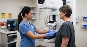 Técnica radióloga posicionando paciente para mamografía digital de tamizaje en la Argentina