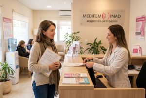 Cálida recepción en MEDIFEM IDAM de Bahía Blanca de una mujer de mediana edad que viene a hacerse una mamografía